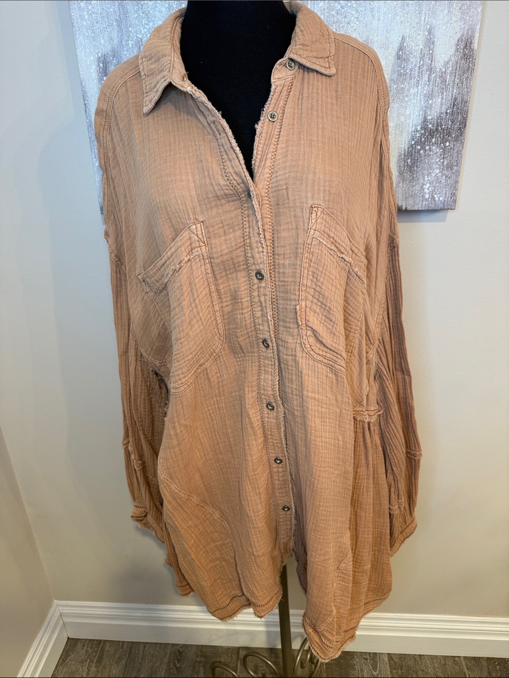 We The Free Relaxed Button-Front Women’s Top in Tan Size XL